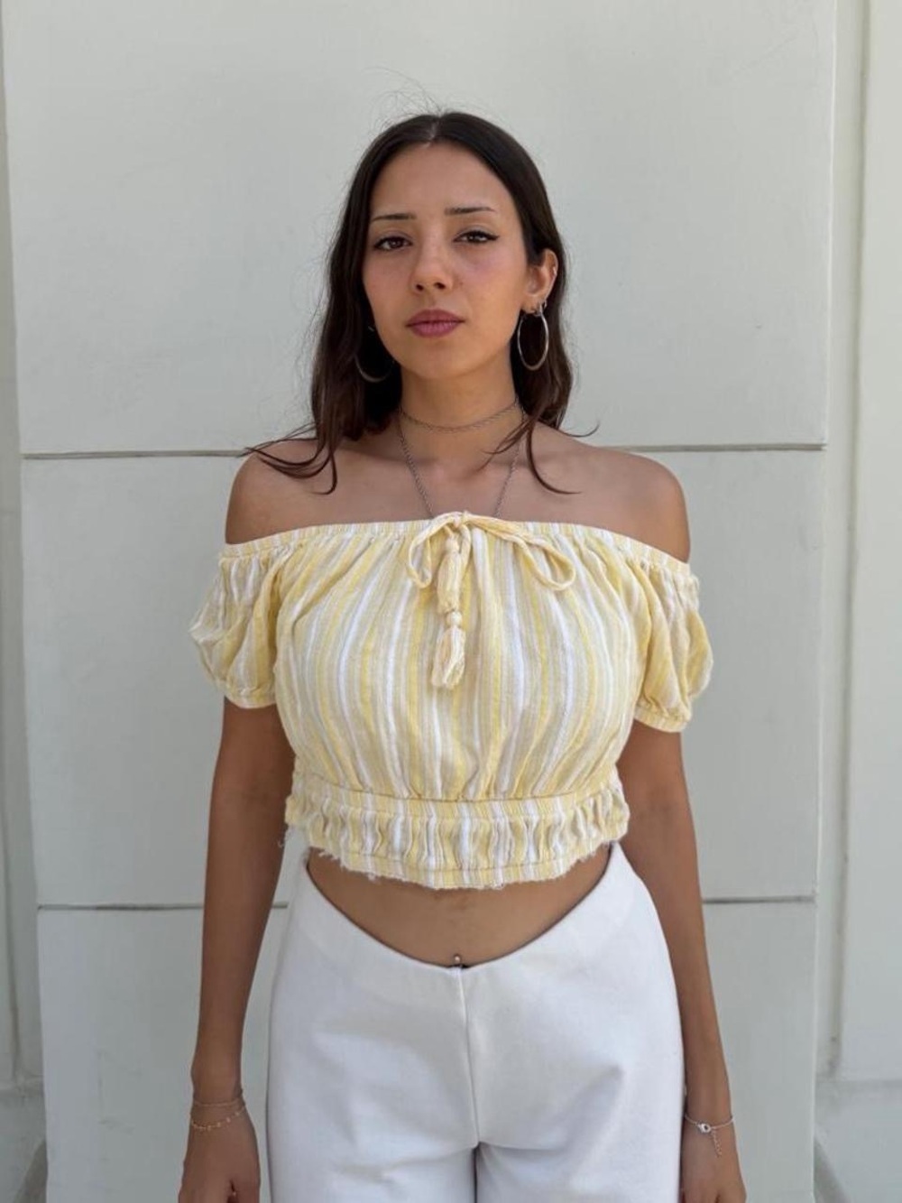 American Eagle yellow & white striped off the shoulder crop top in a M #summer